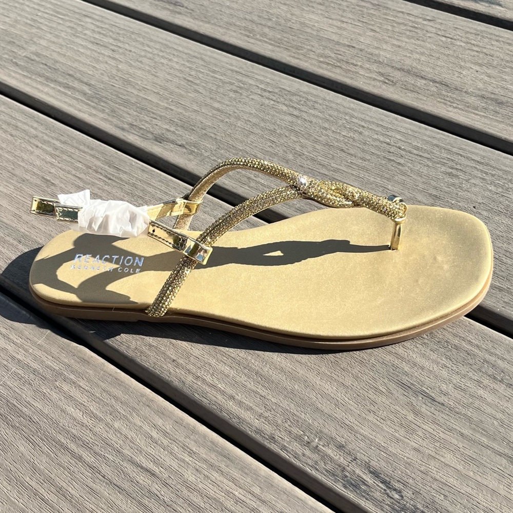 Kenneth Cole Reaction; 'Whitney' Cream/Tan; Gold Rhinestone; Sandals; NWT: 9.5M - Picture 7 of 12